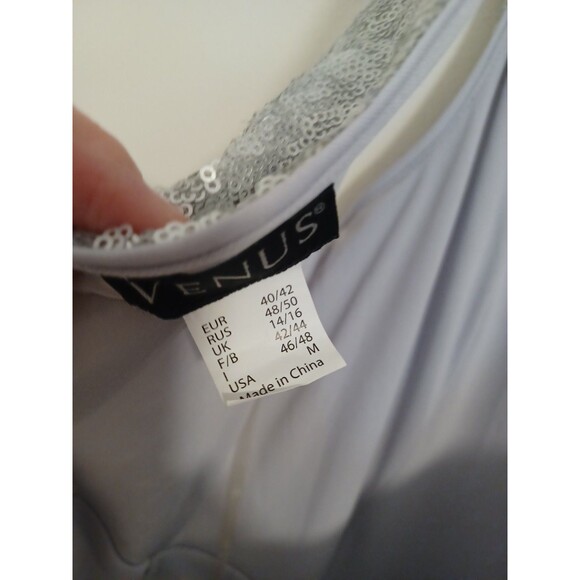 Venus Sequined Long Evening Ball Gown M Silver Gray V Neck Sleeveless Zip Slit - Picture 9 of 10